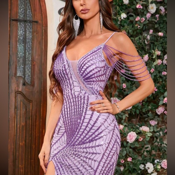 Luxe spaghetti straps slit thigh beaded party formal evening gown dress - Picture 3 of 7